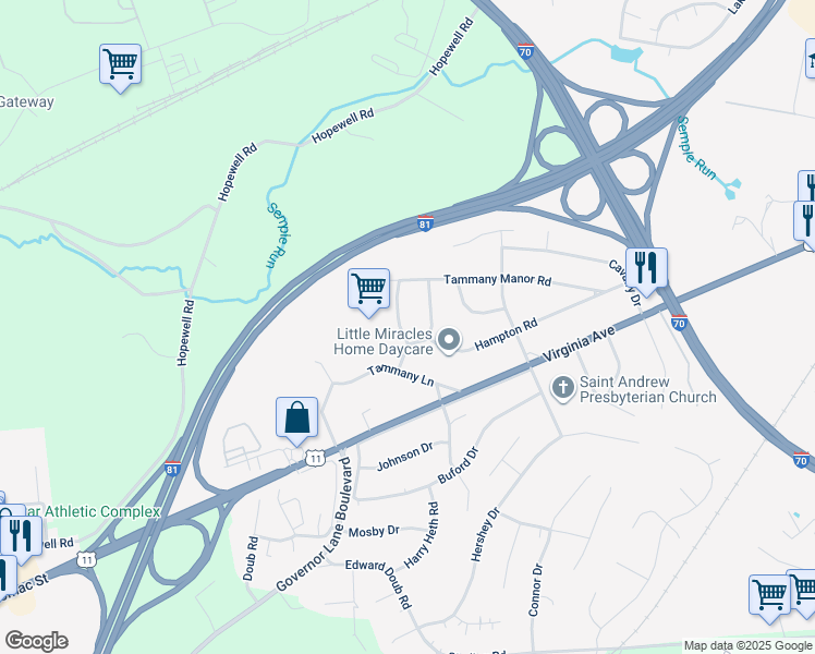 map of restaurants, bars, coffee shops, grocery stores, and more near 10905 Kemper Drive in Williamsport