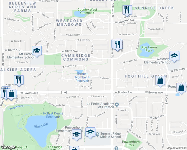 map of restaurants, bars, coffee shops, grocery stores, and more near 11913 West Long Circle in Littleton