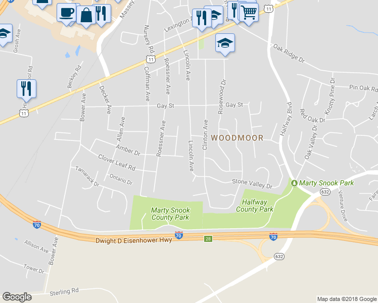 map of restaurants, bars, coffee shops, grocery stores, and more near 10818 Lincoln Ave in Hagerstown