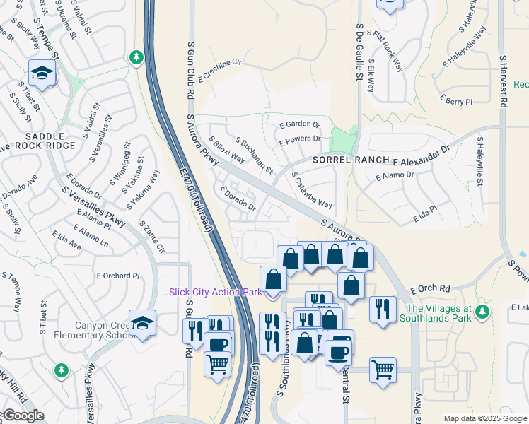 map of restaurants, bars, coffee shops, grocery stores, and more near 5755 South Buchanan Court in Aurora