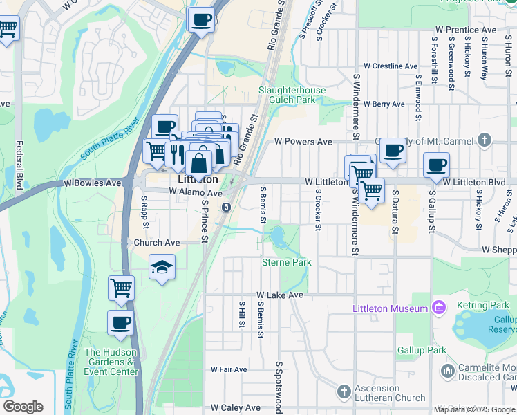 map of restaurants, bars, coffee shops, grocery stores, and more near 5759 South Bemis Street in Littleton