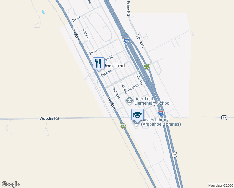 map of restaurants, bars, coffee shops, grocery stores, and more near 415 2nd Ave in Deer Trail