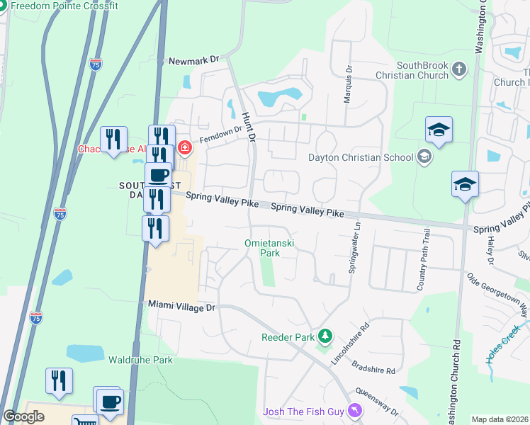 map of restaurants, bars, coffee shops, grocery stores, and more near 2496 Spring Valley Road in Dayton