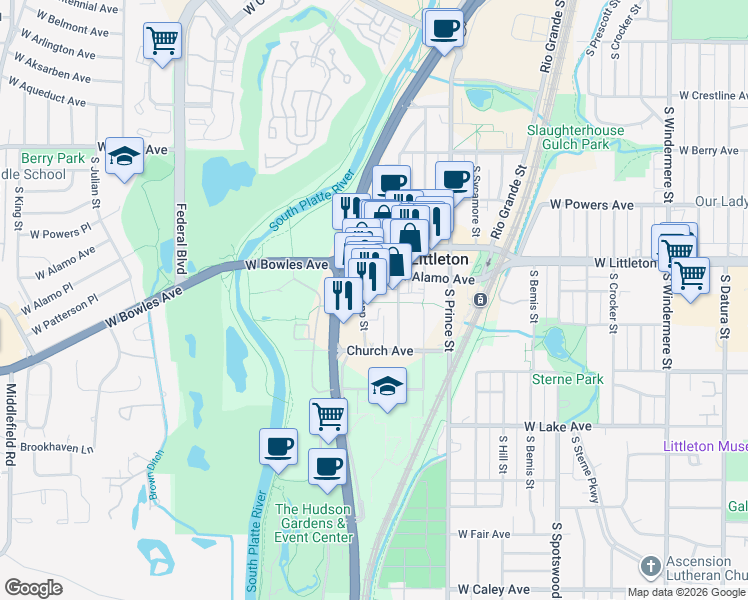 map of restaurants, bars, coffee shops, grocery stores, and more near 5798 South Rapp Street in Littleton