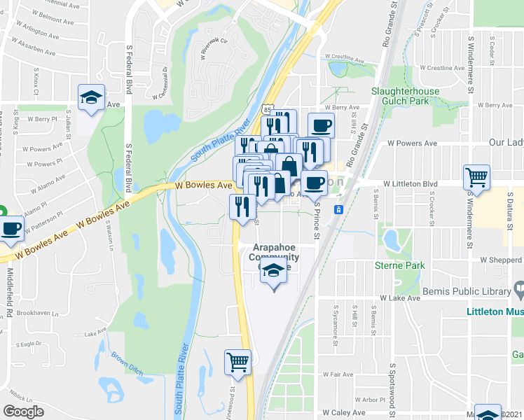 map of restaurants, bars, coffee shops, grocery stores, and more near 5798 South Rapp Street in Littleton