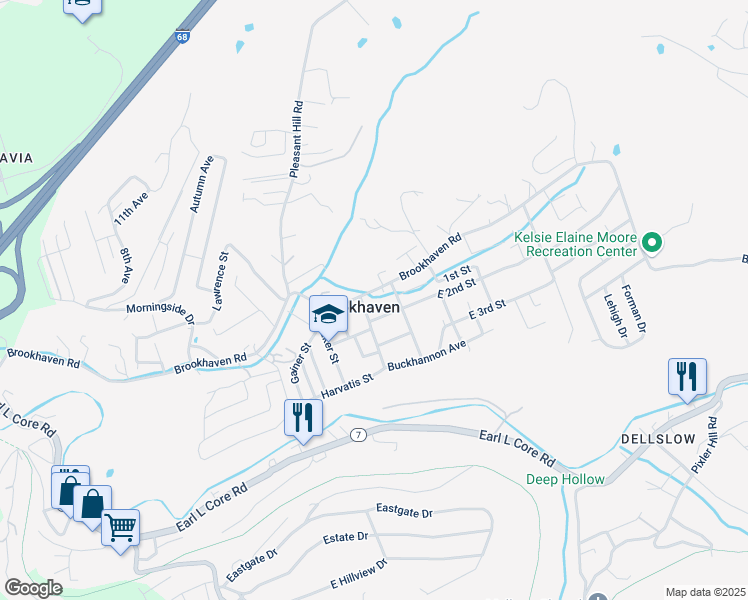 map of restaurants, bars, coffee shops, grocery stores, and more near 608 Brookhaven Road in Morgantown