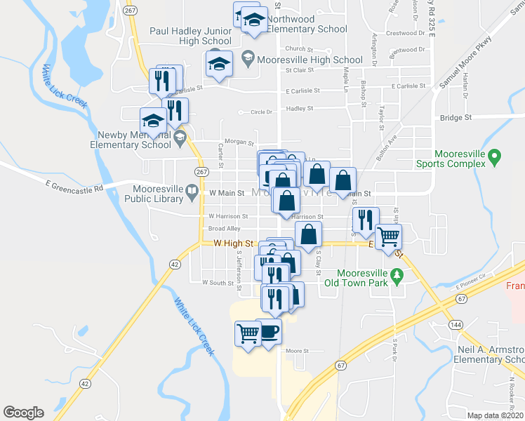 map of restaurants, bars, coffee shops, grocery stores, and more near 30 West Harrison Street in Mooresville