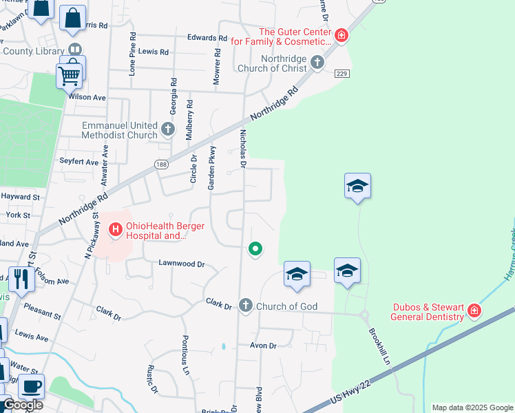 map of restaurants, bars, coffee shops, grocery stores, and more near 523 Douglas Drive in Circleville