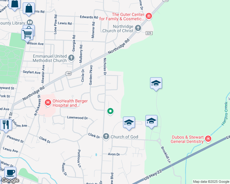 map of restaurants, bars, coffee shops, grocery stores, and more near 523 Douglas Drive in Circleville