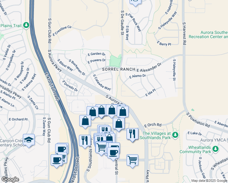 map of restaurants, bars, coffee shops, grocery stores, and more near 5868 South Duquesne Court in Aurora