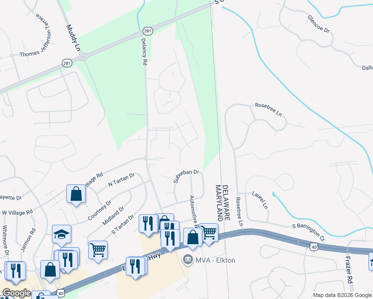 map of restaurants, bars, coffee shops, grocery stores, and more near 24 Loran Court in Elkton