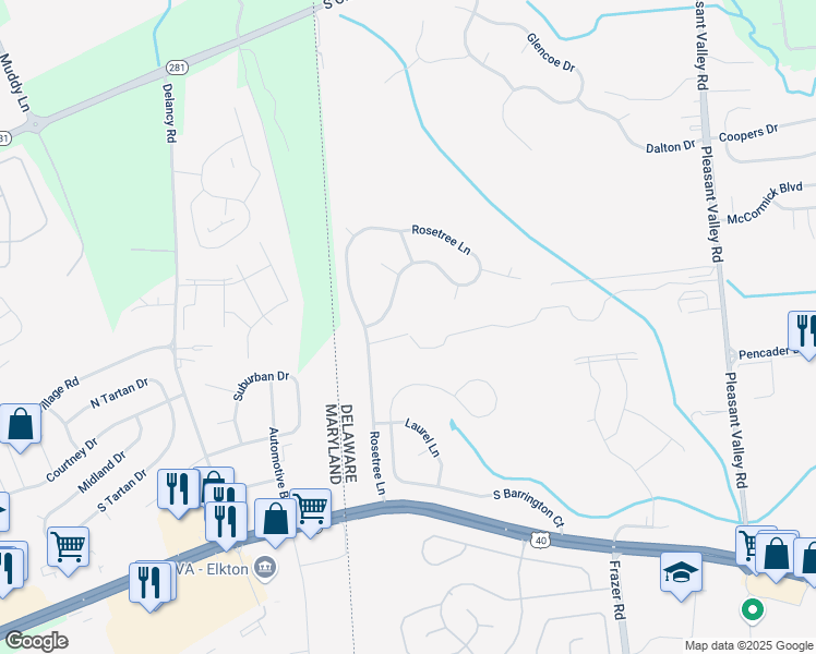 map of restaurants, bars, coffee shops, grocery stores, and more near 3001 Rosetree Lane in Newark