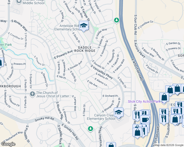 map of restaurants, bars, coffee shops, grocery stores, and more near 22755 East Alamo Place in Aurora