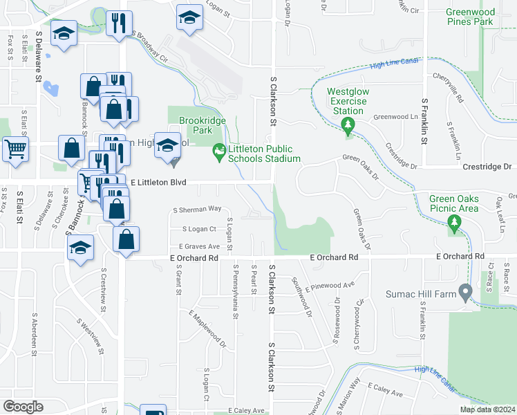map of restaurants, bars, coffee shops, grocery stores, and more near 5802 South Pearl Street in Centennial