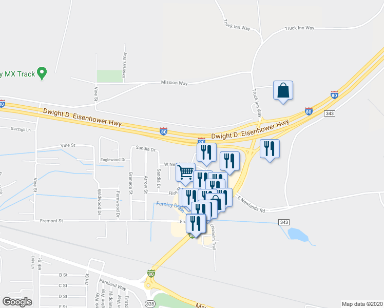 map of restaurants, bars, coffee shops, grocery stores, and more near 1252 West Newlands Drive in Fernley