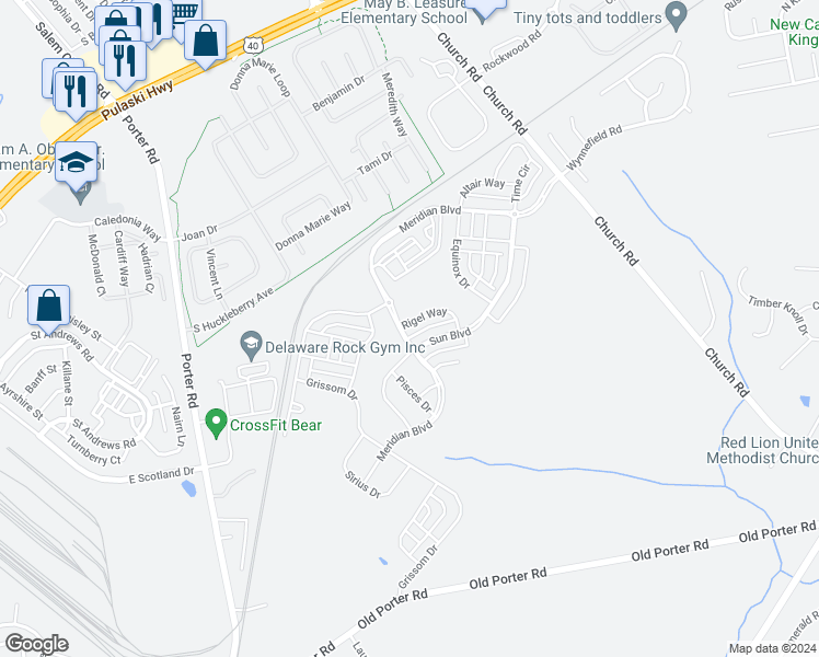 map of restaurants, bars, coffee shops, grocery stores, and more near 641 Rigel Way in Bear