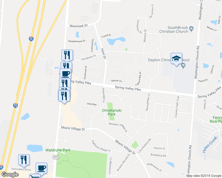 map of restaurants, bars, coffee shops, grocery stores, and more near 2496 Spring Valley Road in Dayton
