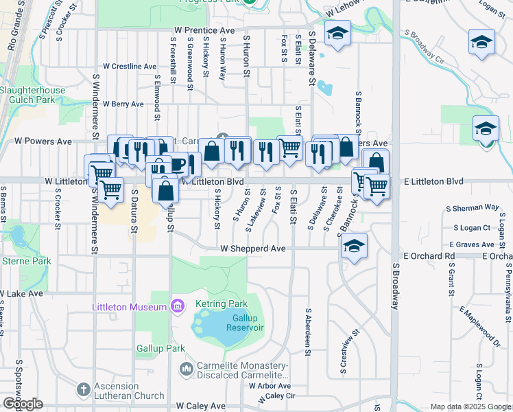 map of restaurants, bars, coffee shops, grocery stores, and more near 5765 South Lakeview Street in Littleton