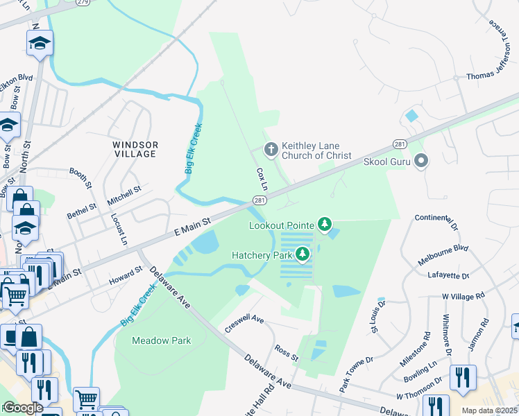 map of restaurants, bars, coffee shops, grocery stores, and more near 20 Red Hill Road in Elkton