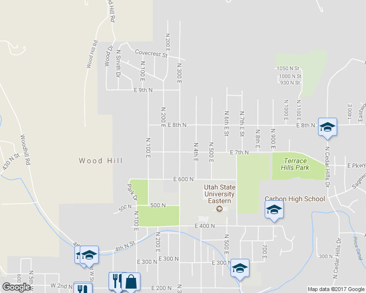 map of restaurants, bars, coffee shops, grocery stores, and more near 720 North 300 East in Price