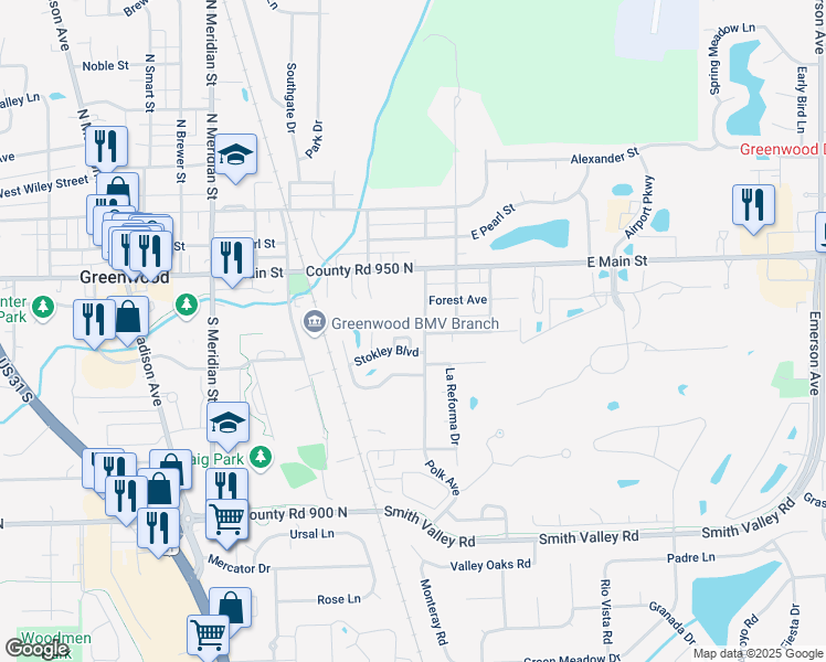 map of restaurants, bars, coffee shops, grocery stores, and more near 488 Van Camp Square in Greenwood