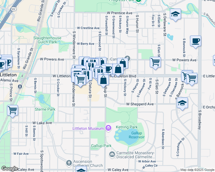 map of restaurants, bars, coffee shops, grocery stores, and more near 5758 South Gallup Street in Littleton