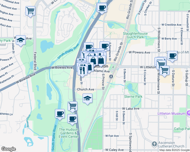 map of restaurants, bars, coffee shops, grocery stores, and more near 5780 South Curtice Street in Littleton