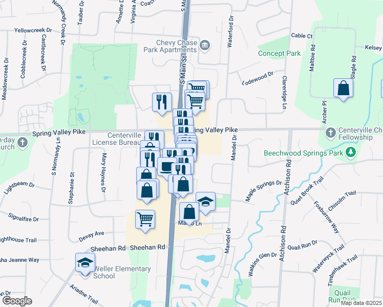 map of restaurants, bars, coffee shops, grocery stores, and more near 55 Rhoads Center Drive in Dayton