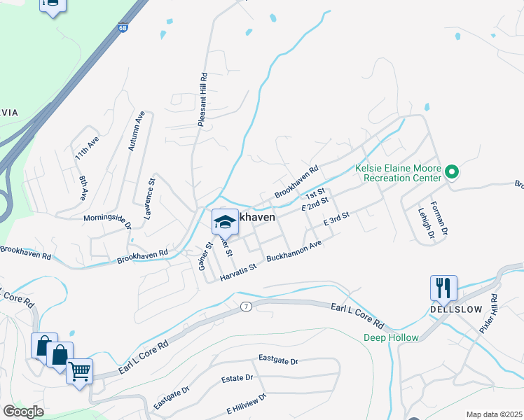map of restaurants, bars, coffee shops, grocery stores, and more near 608 Brookhaven Rd in Morgantown