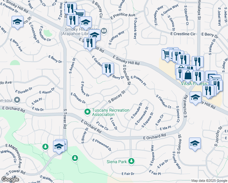 map of restaurants, bars, coffee shops, grocery stores, and more near 5755 South Bahama Circle East in Aurora