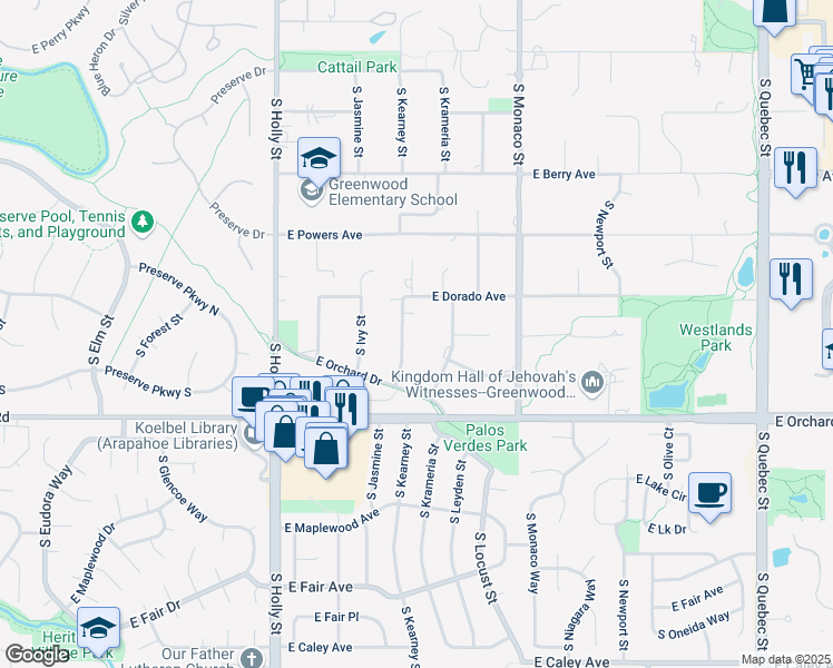 map of restaurants, bars, coffee shops, grocery stores, and more near 5742 S Jasmine St in Greenwood Village