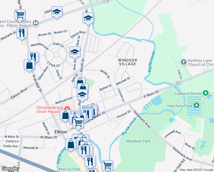 map of restaurants, bars, coffee shops, grocery stores, and more near 115 Bethel Street in Elkton
