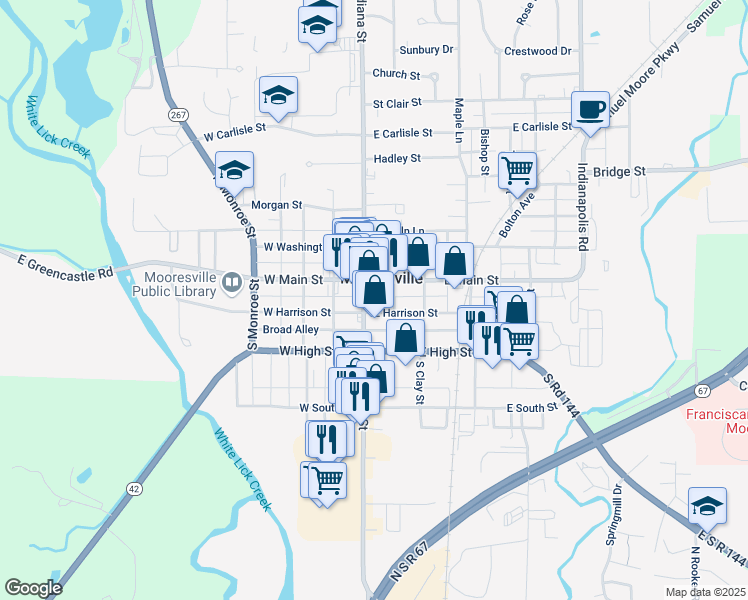 map of restaurants, bars, coffee shops, grocery stores, and more near 27 South Indiana Street in Mooresville