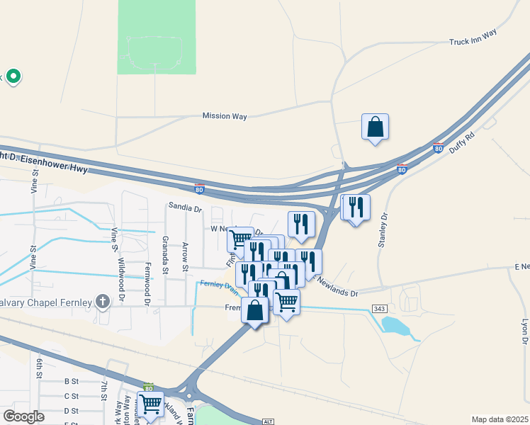 map of restaurants, bars, coffee shops, grocery stores, and more near 1256 West Newlands Drive in Fernley