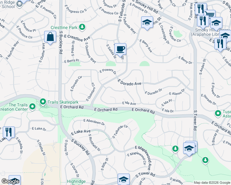 map of restaurants, bars, coffee shops, grocery stores, and more near 17748 East Dorado Drive in Centennial