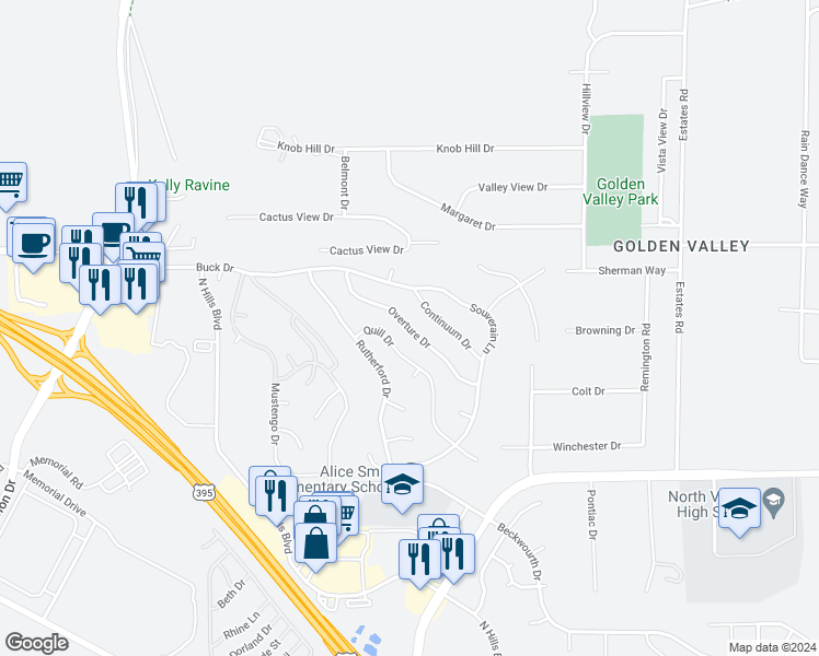 map of restaurants, bars, coffee shops, grocery stores, and more near Overture Drive in Reno