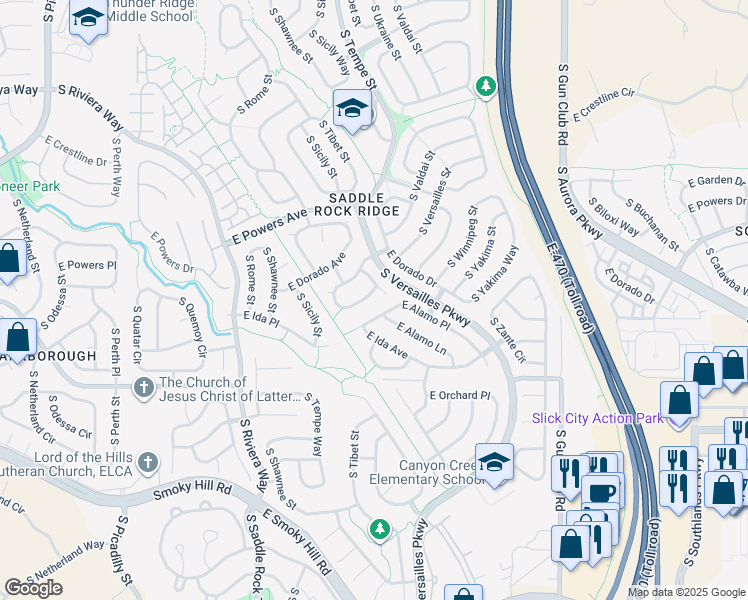 map of restaurants, bars, coffee shops, grocery stores, and more near 22755 East Alamo Place in Aurora