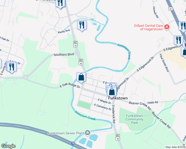 map of restaurants, bars, coffee shops, grocery stores, and more near 20 -22 West Poplar Street in Funkstown