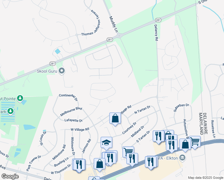 map of restaurants, bars, coffee shops, grocery stores, and more near 317 Gray Mount Circle in Elkton