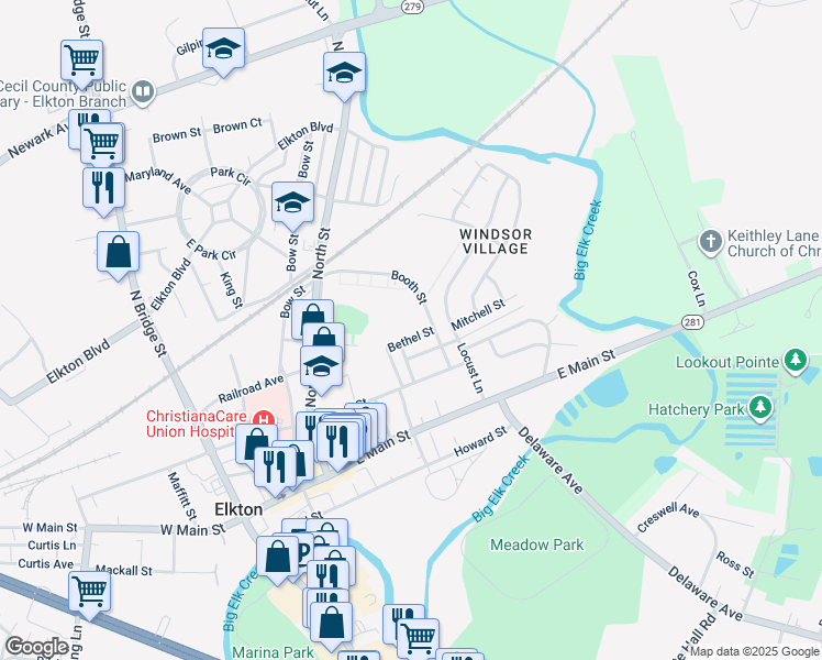 map of restaurants, bars, coffee shops, grocery stores, and more near 115 Bethel Street in Elkton