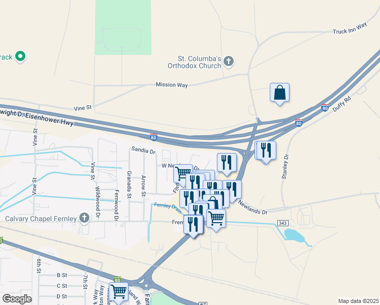 map of restaurants, bars, coffee shops, grocery stores, and more near 1230 West Newlands Drive in Fernley