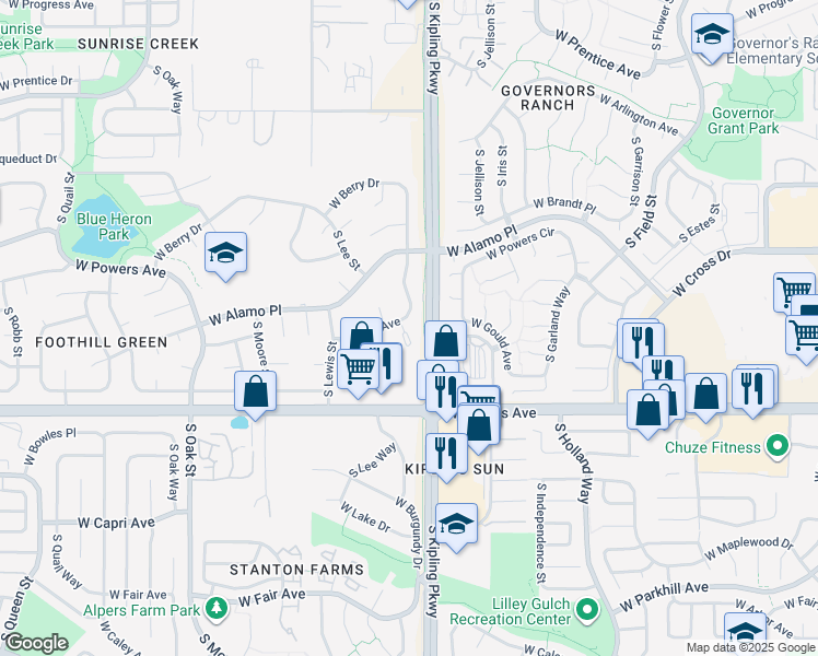 map of restaurants, bars, coffee shops, grocery stores, and more near 10102 West Ida Avenue in Littleton