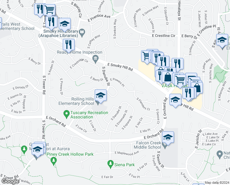 map of restaurants, bars, coffee shops, grocery stores, and more near 5745 South Danube Circle in Aurora