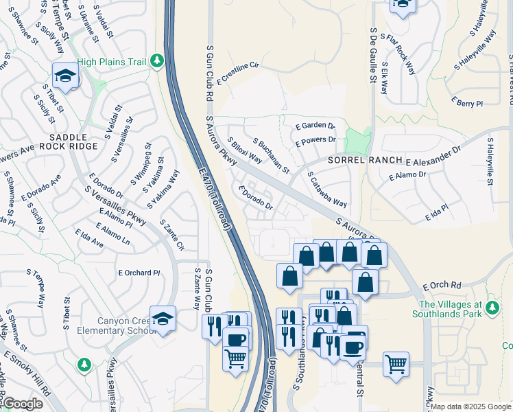 map of restaurants, bars, coffee shops, grocery stores, and more near 23565 East Platte Drive in Aurora