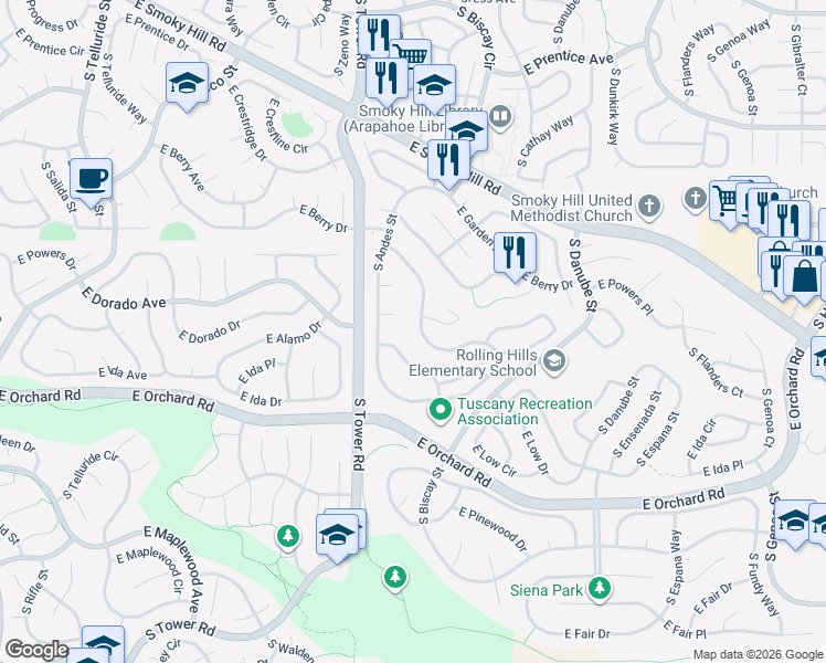 map of restaurants, bars, coffee shops, grocery stores, and more near 18744 East Powers Drive in Aurora