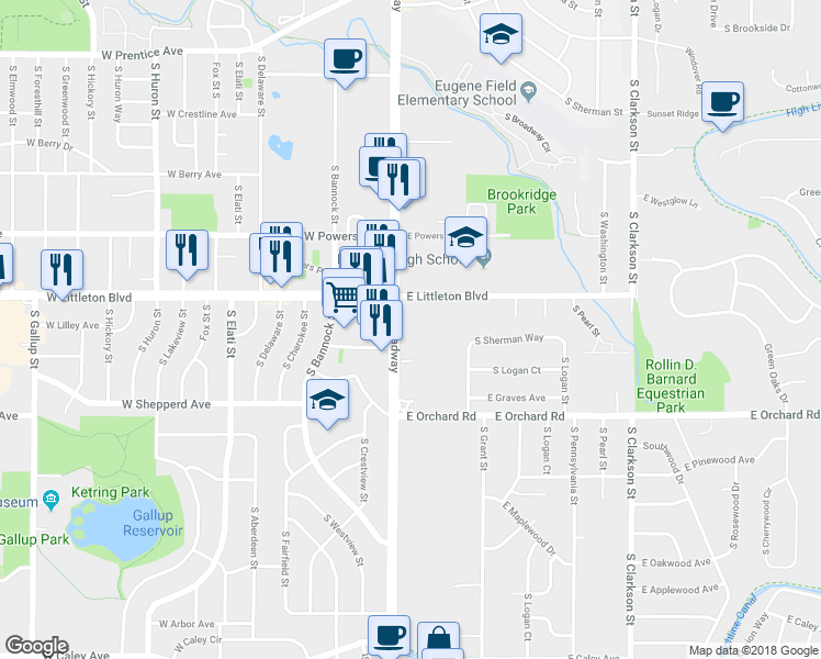 map of restaurants, bars, coffee shops, grocery stores, and more near 5800 South Broadway in Littleton