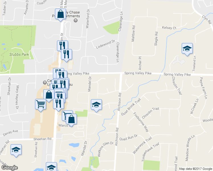 map of restaurants, bars, coffee shops, grocery stores, and more near 9212 Mintcreek Court in Dayton