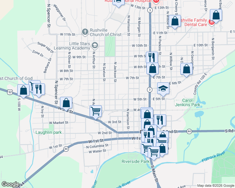 map of restaurants, bars, coffee shops, grocery stores, and more near 332 West 5th Street in Rushville