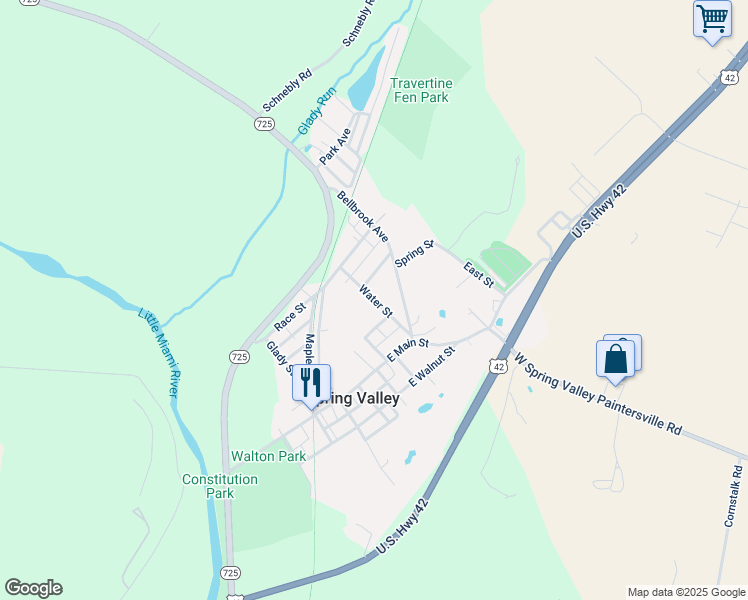 map of restaurants, bars, coffee shops, grocery stores, and more near Water Street in Spring Valley