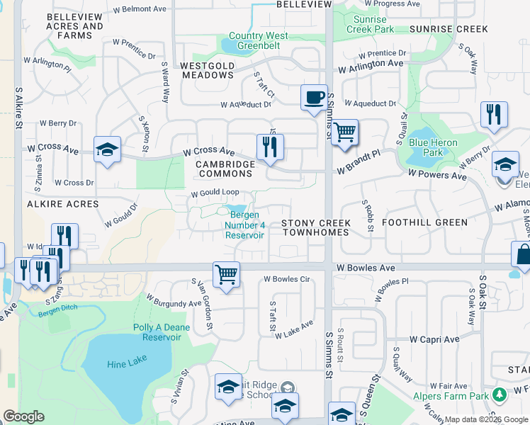 map of restaurants, bars, coffee shops, grocery stores, and more near 11993 West Long Circle in Littleton